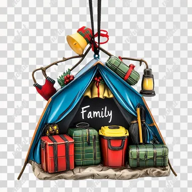 A camping-themed Christmas ornament featuring a 3D camping tent with camping gears like backpacks, coolers with the text "Family" on it. The tent is blue with red accents, while other items include a green flannel blanket, a black lantern, and a yellow fire-watching light on top of an ice cooler. White background, thin strokes, Christmas vibe