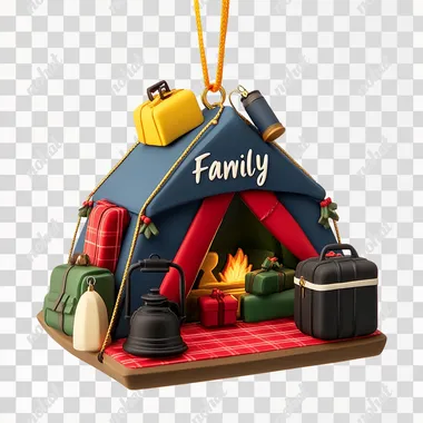 A camping-themed Christmas ornament featuring a 3D camping tent with camping gears like backpacks, coolers with the text "Family" on it. The tent is blue with red accents, while other items include a green flannel blanket, a black lantern, and a yellow fire-watching light on top of an ice cooler. White background, thin strokes, Christmas vibe