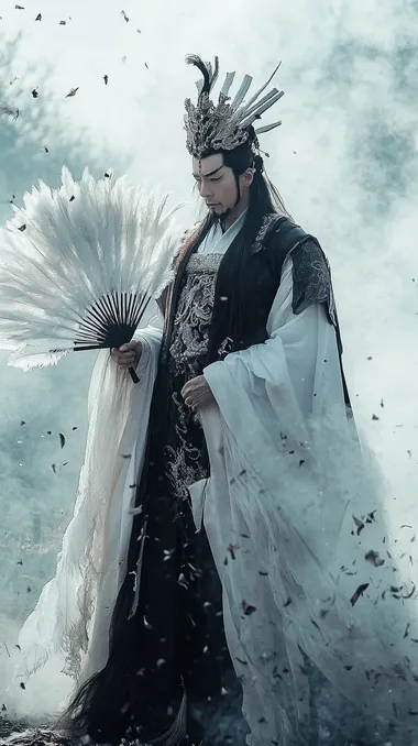 Realistic facial details, in the movie scene, Zhuge Liang wears the Five Mountains crown on his head, wears a white and black gradient Taoist robe, and holds a feather fan with fluffy and translucent feathers. Standing on the ancient battlefield, surrounded by the smoke of war, it emphasizes the mysterious atmosphere of Zhuge Liang's legend and sacred status. It has the ability to control electricity, and small lightning bolts dance around its body, illuminating the surrounding environment with faint blue light. Wide angle lens, cinematic feel, high-definition details, full body lens, stunning visual effects, and gorgeous costumes. Full body shooting, legs visible, feet in the frame,
