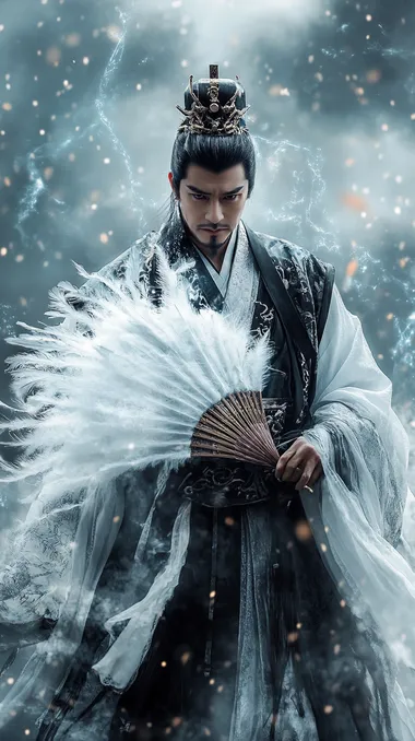 Realistic facial details, in the movie scene, Zhuge Liang wears the Five Mountains crown on his head, wears a white and black gradient Taoist robe, and holds a feather fan with fluffy and translucent feathers. Standing on the ancient battlefield, surrounded by the smoke of war, it emphasizes the mysterious atmosphere of Zhuge Liang's legend and sacred status. It has the ability to control electricity, and small lightning bolts dance around its body, illuminating the surrounding environment with faint blue light. Wide angle lens, cinematic feel, high-definition details, full body lens, stunning visual effects, and gorgeous costumes. Full body shooting, legs visible, feet in the frame,