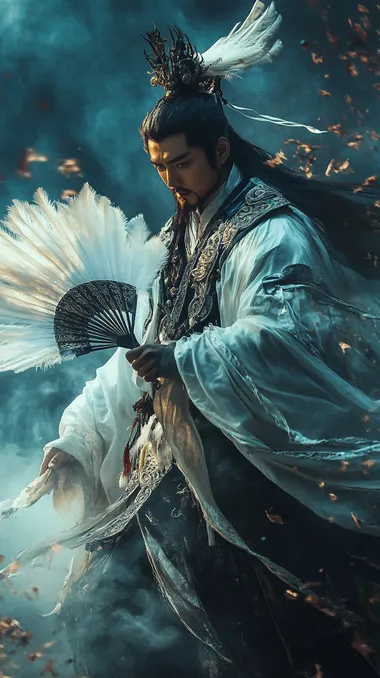 Realistic facial details, in the movie scene, Zhuge Liang wears the Five Mountains crown on his head, wears a white and black gradient Taoist robe, and holds a feather fan with fluffy and translucent feathers. Standing on the ancient battlefield, surrounded by the smoke of war, it emphasizes the mysterious atmosphere of Zhuge Liang's legend and sacred status. It has the ability to control electricity, and small lightning bolts dance around its body, illuminating the surrounding environment with faint blue light. Wide angle lens, cinematic feel, high-definition details, full body lens, stunning visual effects, and gorgeous costumes. Full body shooting, legs visible, feet in the frame,