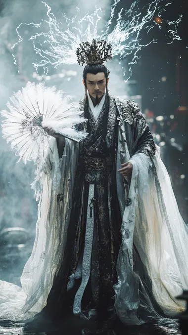 Realistic facial details, in the movie scene, Zhuge Liang wears the Five Mountains crown on his head, wears a white and black gradient Taoist robe, and holds a feather fan with fluffy and translucent feathers. Standing on the ancient battlefield, surrounded by the smoke of war, it emphasizes the mysterious atmosphere of Zhuge Liang's legend and sacred status. It has the ability to control electricity, and small lightning bolts dance around its body, illuminating the surrounding environment with faint blue light. Wide angle lens, cinematic feel, high-definition details, full body lens, stunning visual effects, and gorgeous costumes. Full body shooting, legs visible, feet in the frame,