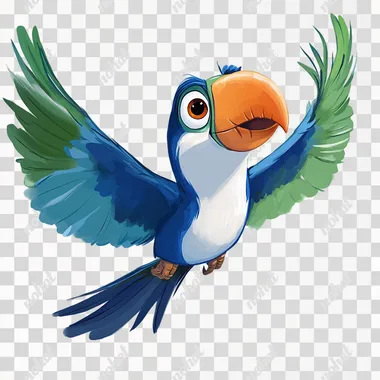 a blue toucan named tucano, white chest and blue and green wings, orange eyelids, flying and looking forward. in the style of Pixar and Disney cartoons
