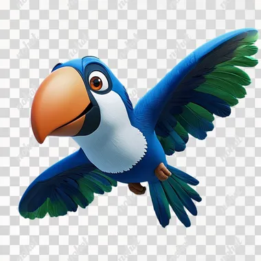 a blue toucan named tucano, white chest and blue and green wings, orange eyelids, flying and looking forward. in the style of Pixar and Disney cartoons