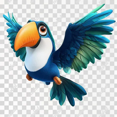 a blue toucan named tucano, white chest and blue and green wings, orange eyelids, flying and looking forward. in the style of Pixar and Disney cartoons