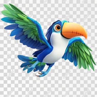 a blue toucan named tucano, white chest and blue and green wings, orange eyelids, flying and looking forward. in the style of Pixar and Disney cartoons