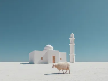 beautifully white sheep standing near a small white village mosque with minar , clear sunny sky, minimal bright background, Pakistani rural Eid celebration, clean and realistic,  --raw