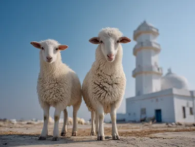 beautifully white sheep standing near a small white village mosque with minar , clear sunny sky, minimal bright background, Pakistani rural Eid celebration, clean and realistic,  --raw