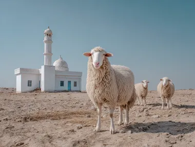 beautifully white sheep standing near a small white village mosque with minar , clear sunny sky, minimal bright background, Pakistani rural Eid celebration, clean and realistic,  --raw