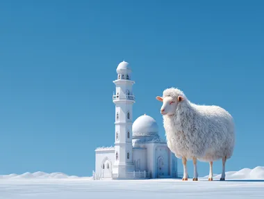 beautifully white sheep standing near a small white village mosque with minar , clear sunny sky, minimal bright background, Pakistani rural Eid celebration, clean and realistic,  --raw
