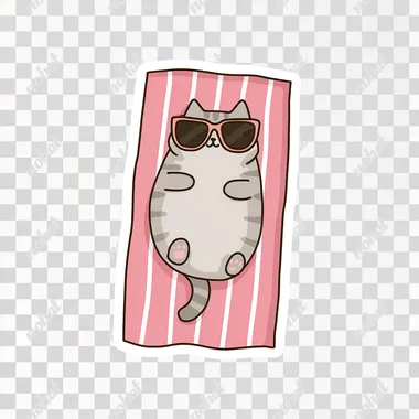 A sticker of an adorable, chubby cat lounging on a pink and white striped beach towel, wearing sunglasses ,Cartoon,Minimalist style,Adorable,Full body image,Simple drawing ,white background