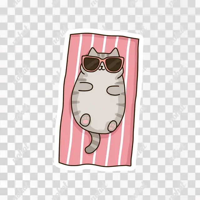 PNG Chubby Cartoon Cat Relaxing on a Striped Beach Towel