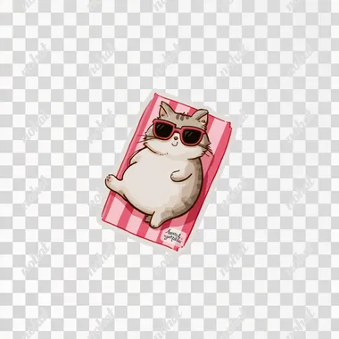 A sticker of an adorable, chubby cat lounging on a pink and white striped beach towel, wearing sunglasses ,Cartoon,Minimalist style,Adorable,Full body image,Simple drawing ,white background