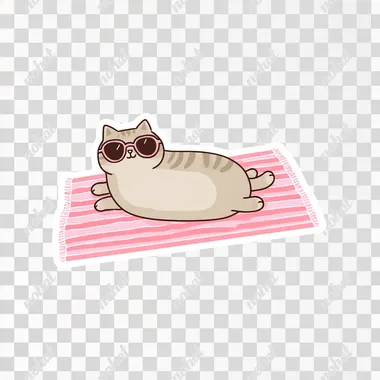 A sticker of an adorable, chubby cat lounging on a pink and white striped beach towel, wearing sunglasses ,Cartoon,Minimalist style,Adorable,Full body image,Simple drawing ,white background