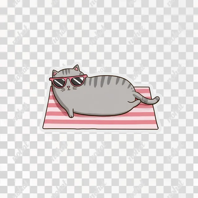 PNG Adorable Chubby Cat on Beach Towel with Sunglasses