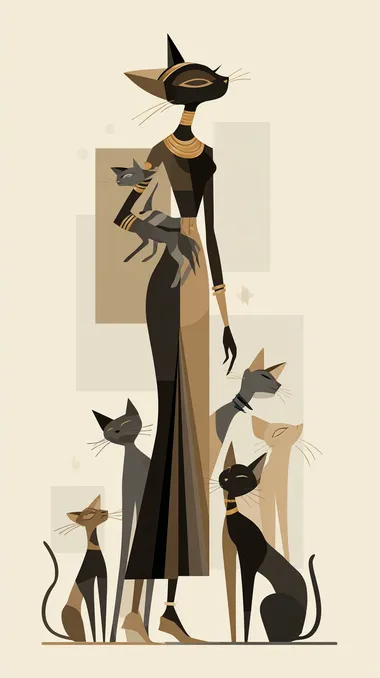 Minimalist vector illustration of the ancient Egyptian cat goddess Bastet, female figure with cat mask, elegant posture, surrounded by sleek cats, flat colors, clean lines, geometric shapes, beige and dark brown palette, transparent background, spiritual and serene mood