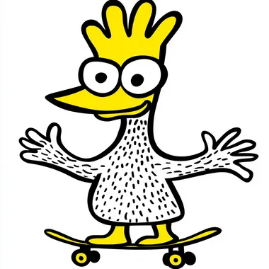 wild chicken with sweatshirt skateboarding, illustration, casual, fun, Black outline, white and yellow interior, white background  rofile 2ktdisn