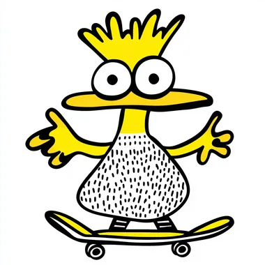 wild chicken with sweatshirt skateboarding, illustration, casual, fun, Black outline, white and yellow interior, white background  rofile 2ktdisn