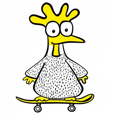 wild chicken with sweatshirt skateboarding, illustration, casual, fun, Black outline, white and yellow interior, white background  rofile 2ktdisn