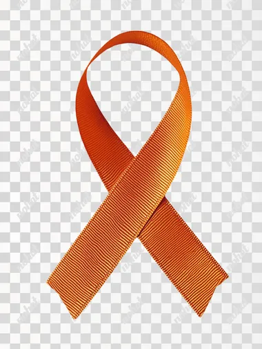 A ribbon formed by an orange ribbon on a white background, symbolizing cancer awareness and support. The ribbon is centered in the composition, with its color providing contrast against the bright white backdrop. This design emphasizes clarity of visual communication for World Cancer Day through a simple yet powerful representation. White background. Studio photography.   --s 250
