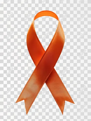 A ribbon formed by an orange ribbon on a white background, symbolizing cancer awareness and support. The ribbon is centered in the composition, with its color providing contrast against the bright white backdrop. This design emphasizes clarity of visual communication for World Cancer Day through a simple yet powerful representation. White background. Studio photography.   --s 250