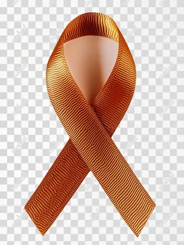 A ribbon formed by an orange ribbon on a white background, symbolizing cancer awareness and support. The ribbon is centered in the composition, with its color providing contrast against the bright white backdrop. This design emphasizes clarity of visual communication for World Cancer Day through a simple yet powerful representation. White background. Studio photography.   --s 250