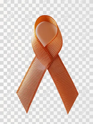 A ribbon formed by an orange ribbon on a white background, symbolizing cancer awareness and support. The ribbon is centered in the composition, with its color providing contrast against the bright white backdrop. This design emphasizes clarity of visual communication for World Cancer Day through a simple yet powerful representation. White background. Studio photography.   --s 250