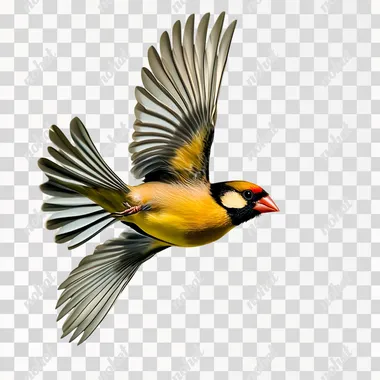 Goldfinch in flight, transparent background, PNG file for graphic design.