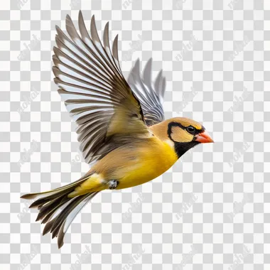 Goldfinch in flight, transparent background, PNG file for graphic design.