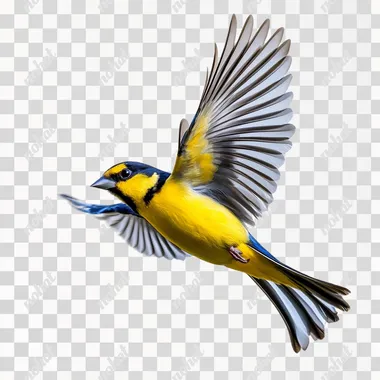 Goldfinch in flight, transparent background, PNG file for graphic design.
