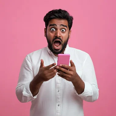 A surprised Indian man holding a mobile phone in his hands with a very shocked expression, wearing a white shirt, on a pink background, realistic photography 8k