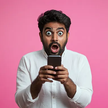 A surprised Indian man holding a mobile phone in his hands with a very shocked expression, wearing a white shirt, on a pink background, realistic photography 8k