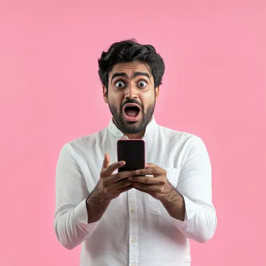 A surprised Indian man holding a mobile phone in his hands with a very shocked expression, wearing a white shirt, on a pink background, realistic photography 8k