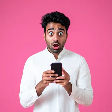 A surprised Indian man holding a mobile phone in his hands with a very shocked expression, wearing a white shirt, on a pink background, realistic photography 8k