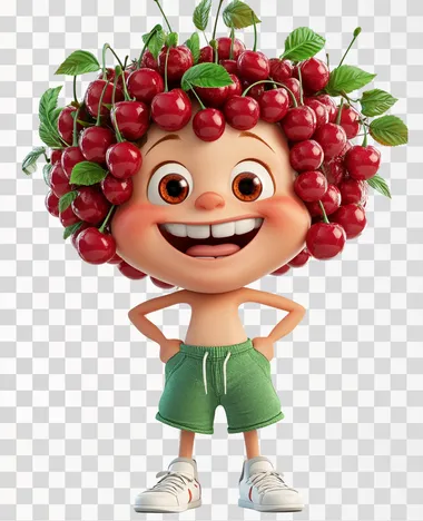 3D cartoon of a happy baby boy in green shorts with many cherries instead of hair, big eyes, smiling wide to camera and white sneakers. In the style of Pixar. White background. In the style of Disney.