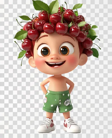 3D cartoon of a happy baby boy in green shorts with many cherries instead of hair, big eyes, smiling wide to camera and white sneakers. In the style of Pixar. White background. In the style of Disney.