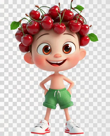 3D cartoon of a happy baby boy in green shorts with many cherries instead of hair, big eyes, smiling wide to camera and white sneakers. In the style of Pixar. White background. In the style of Disney.