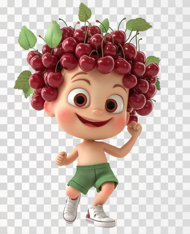 3D cartoon of a happy baby boy in green shorts with many cherries instead of hair, big eyes, smiling wide to camera and white sneakers. In the style of Pixar. White background. In the style of Disney.