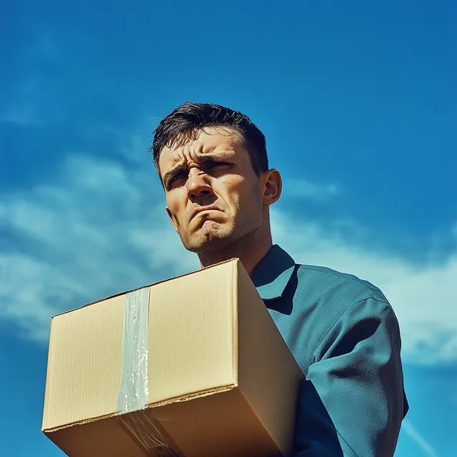 Angry Determination: A Man in Blue with a Box Under Clear Skies