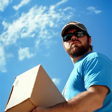 a tilted up shot of man wearing blue, looking angry and masculine, standing outside, blue skies, carring a box