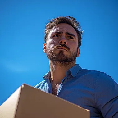 a tilted up shot of man wearing blue, looking angry and masculine, standing outside, blue skies, carring a box