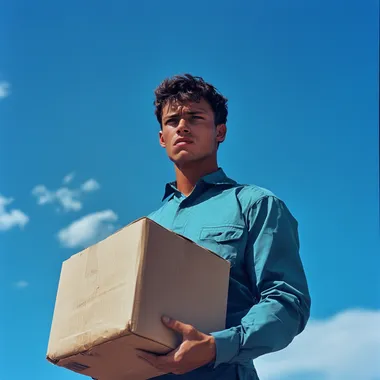 a tilted up shot of man wearing blue, looking angry and masculine, standing outside, blue skies, carring a box