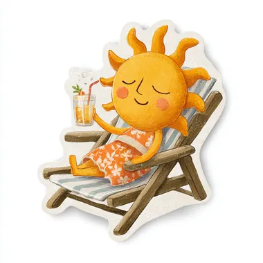 The sun is personified lying on a beach chair drinking a beverage, in a cute fairy tale picture book style, Pure white background, sticker style