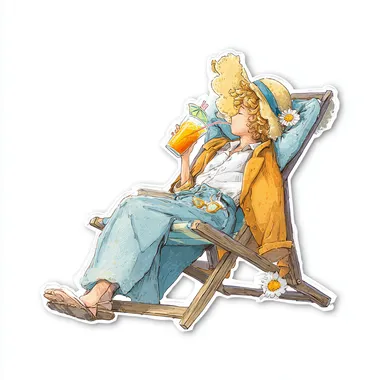 The sun is personified lying on a beach chair drinking a beverage, in a cute fairy tale picture book style, Pure white background, sticker style
