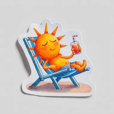 The sun is personified lying on a beach chair drinking a beverage, in a cute fairy tale picture book style, Pure white background, sticker style