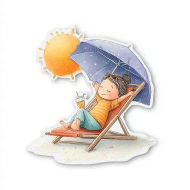 The sun is personified lying on a beach chair drinking a beverage, in a cute fairy tale picture book style, Pure white background, sticker style