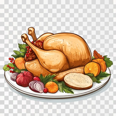 Thanks giving chicken on plate along with food items, vector illustration isolated on white background