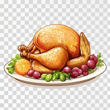 Thanks giving chicken on plate along with food items, vector illustration isolated on white background
