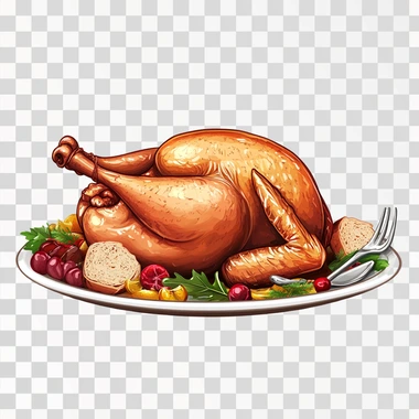 Thanks giving chicken on plate along with food items, vector illustration isolated on white background