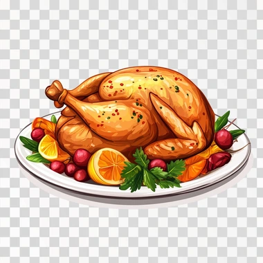 Thanks giving chicken on plate along with food items, vector illustration isolated on white background